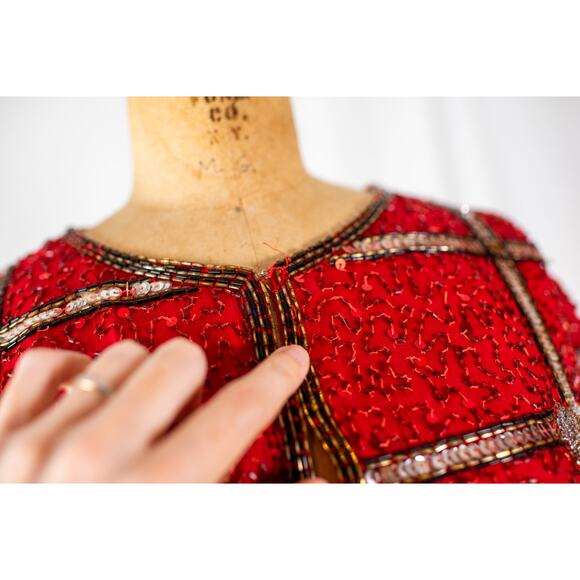 VTG 90s Laurence Kazar Beaded Christmas Blazer Red Silver Holiday Bow Jacket PXL - Picture 6 of 11